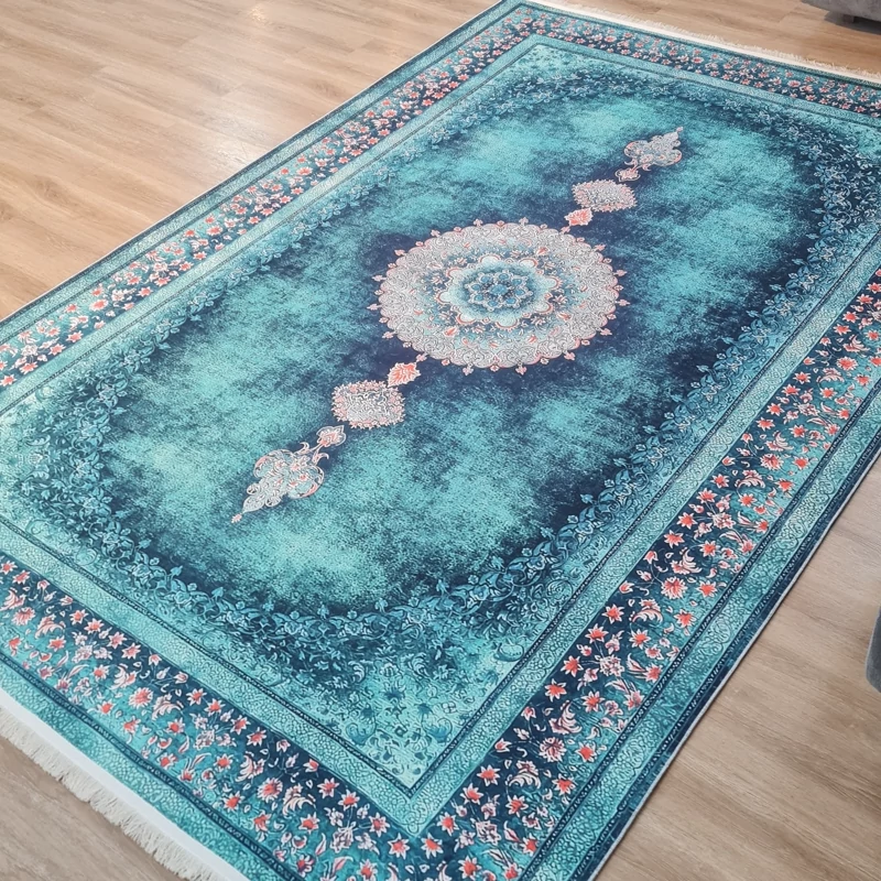 فرشینه طرح ترنج رنگ فیروزه ای کد U 139 (پس کرایه)