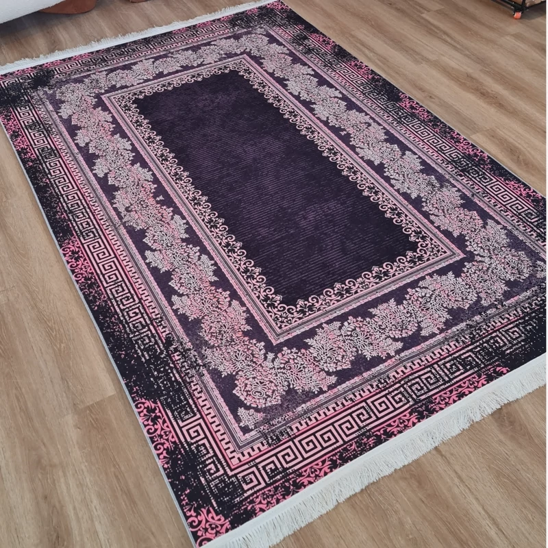 فرشینه طرح وینتیج، بنفش و ذغالی، مخمل شانل کد H 478 (پس کرایه)