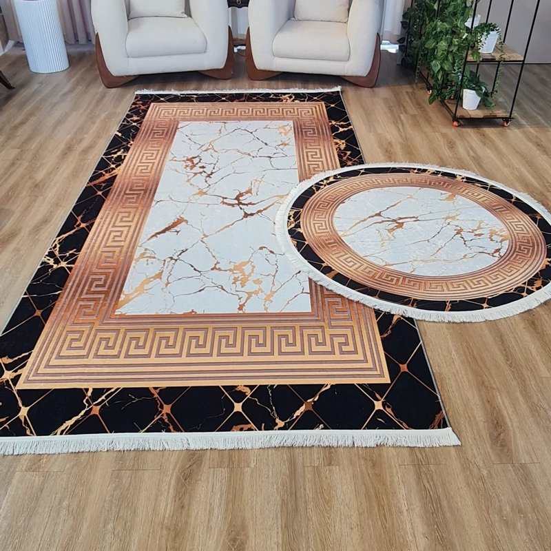 فرشینه گرد طرح ورساچه و ماربل، مخمل تُرک، کد C 02(پس کرایه)