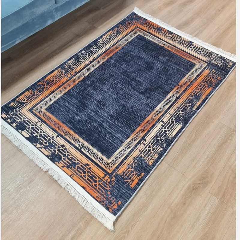 فرشینه سرمه ای با حاشیه نارنجی، مخمل شانل کد 27 (پس کرایه)