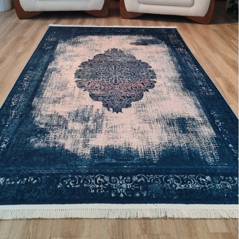 فرشینه آبی نفتی و گلبهی، مخمل شانل کد L 284 (پس کرایه)