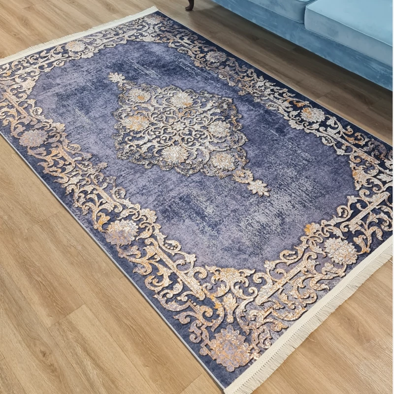 فرشینه مخمل شانل طرح ترنج، زمینه سرمه ای و کرم، کد L 478 (پس کرایه)