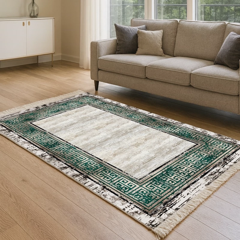فرشینه کرم روشن با حاشیه سبز طرح ورساچه،مخمل شانل کد H 415 (پس کرایه)