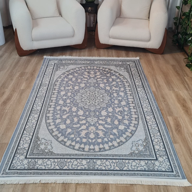 فرشینه طوسی طرح سنتی گل و ترنج،مخمل تُرک کد U 51 (پس کرایه)
