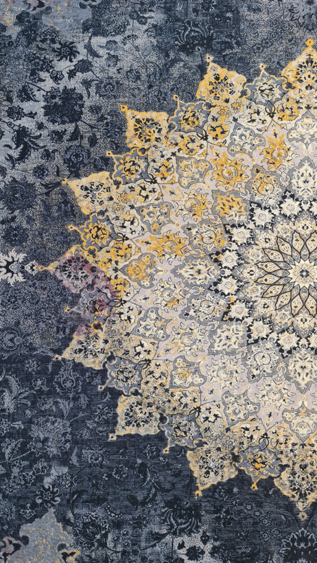 فرشینه ترنجدار طرح کلاسیک وینتیج کد L 563 (ترکیب سرمهای، ذغالی و ترنج طلایی)