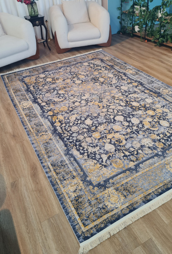 فرشینه طرح کلاسیک وینتیج کد L 481 (ترکیب سرمهای و طلایی)