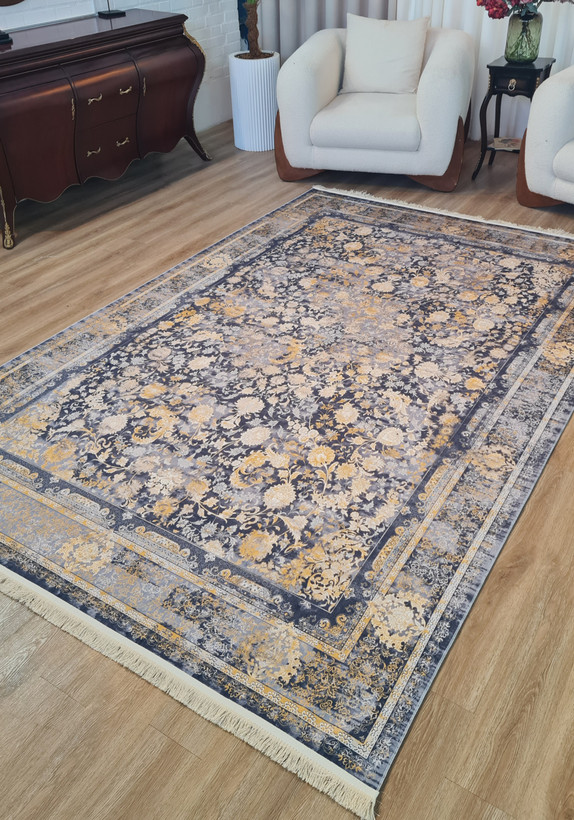 فرشینه طرح کلاسیک وینتیج کد L 481 (ترکیب سرمهای و طلایی)