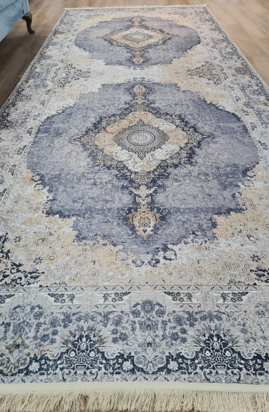 فرشینه راهرویی طرح سنتی آبی و کرم (ضد لغزش و قابل شستشو) کد L 194