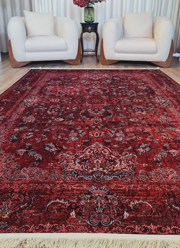 فرشینه وینتیج قرمز زرشکی و لاکی (ضد لغزش و قابل شستشو) کد L 811