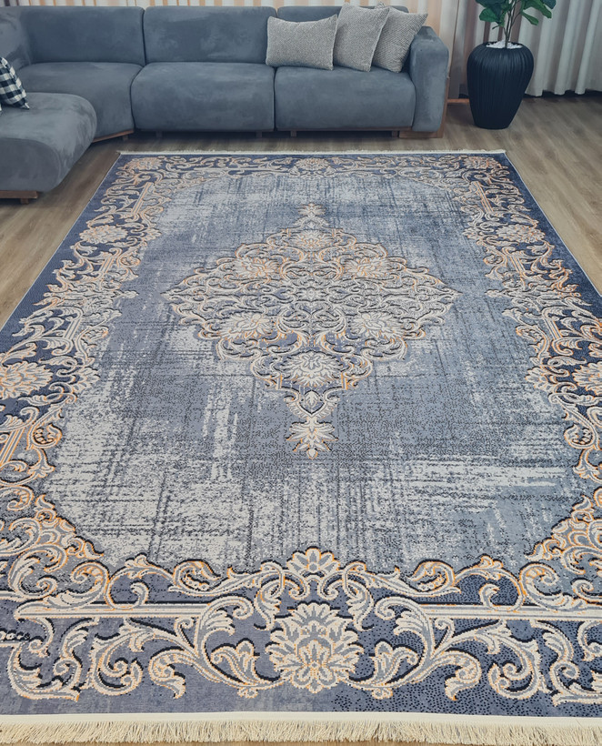 فرشینه طرح وینتیج طوسی طلایی کد L 369 - فرشینه نقش نو