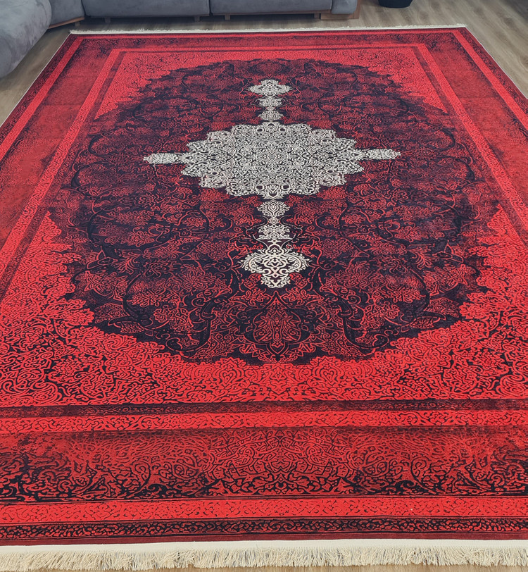 فرشینه مستطیل طرح سنتی وینتیج کد U 660 (ترنجدار زمینه قرمز و سرمهای)