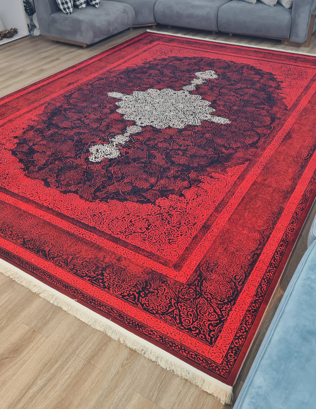 فرشینه مستطیل طرح سنتی وینتیج کد U 660 (ترنجدار زمینه قرمز و سرمهای)