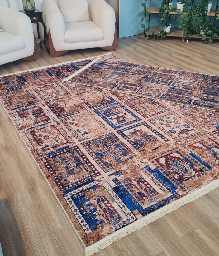 فرشینه طرح خشتی وینتیج (ترکیب رنگ نیلی و مسی) کد M 182