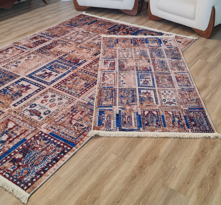 فرشینه طرح خشتی وینتیج (ترکیب رنگ نیلی و مسی) کد M 182