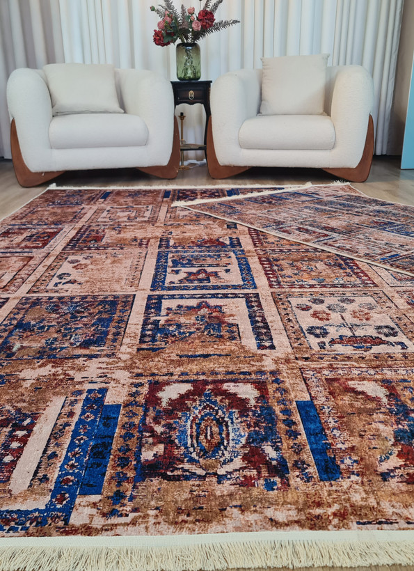 فرشینه طرح خشتی وینتیج (ترکیب رنگ نیلی و مسی) کد M 182