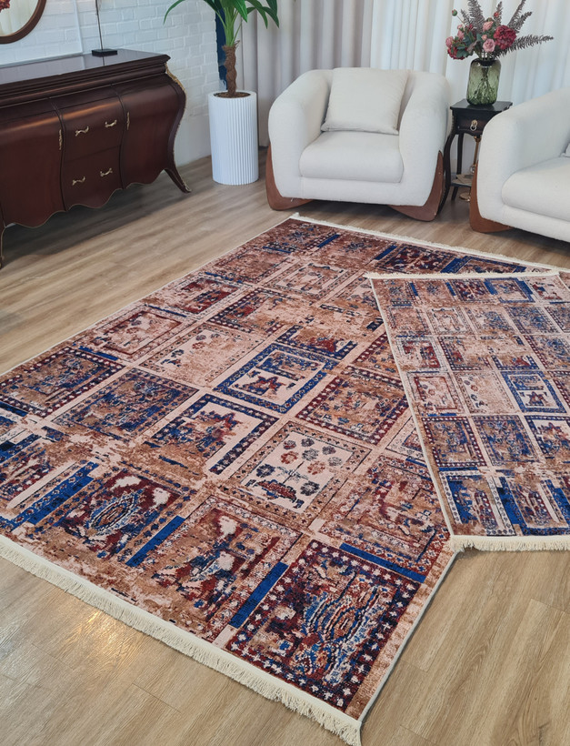 فرشینه طرح خشتی وینتیج (ترکیب رنگ نیلی و مسی) کد M 182
