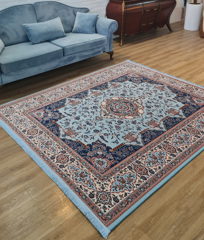 فرشینه سنتی کلاسیک طرح ترنجدار آبی فیروزهای کد U 547