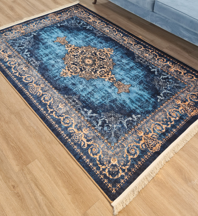 فرشینه وینتیج طرح ترنجدار آبی طلایی مدل سورنا،کد U 674