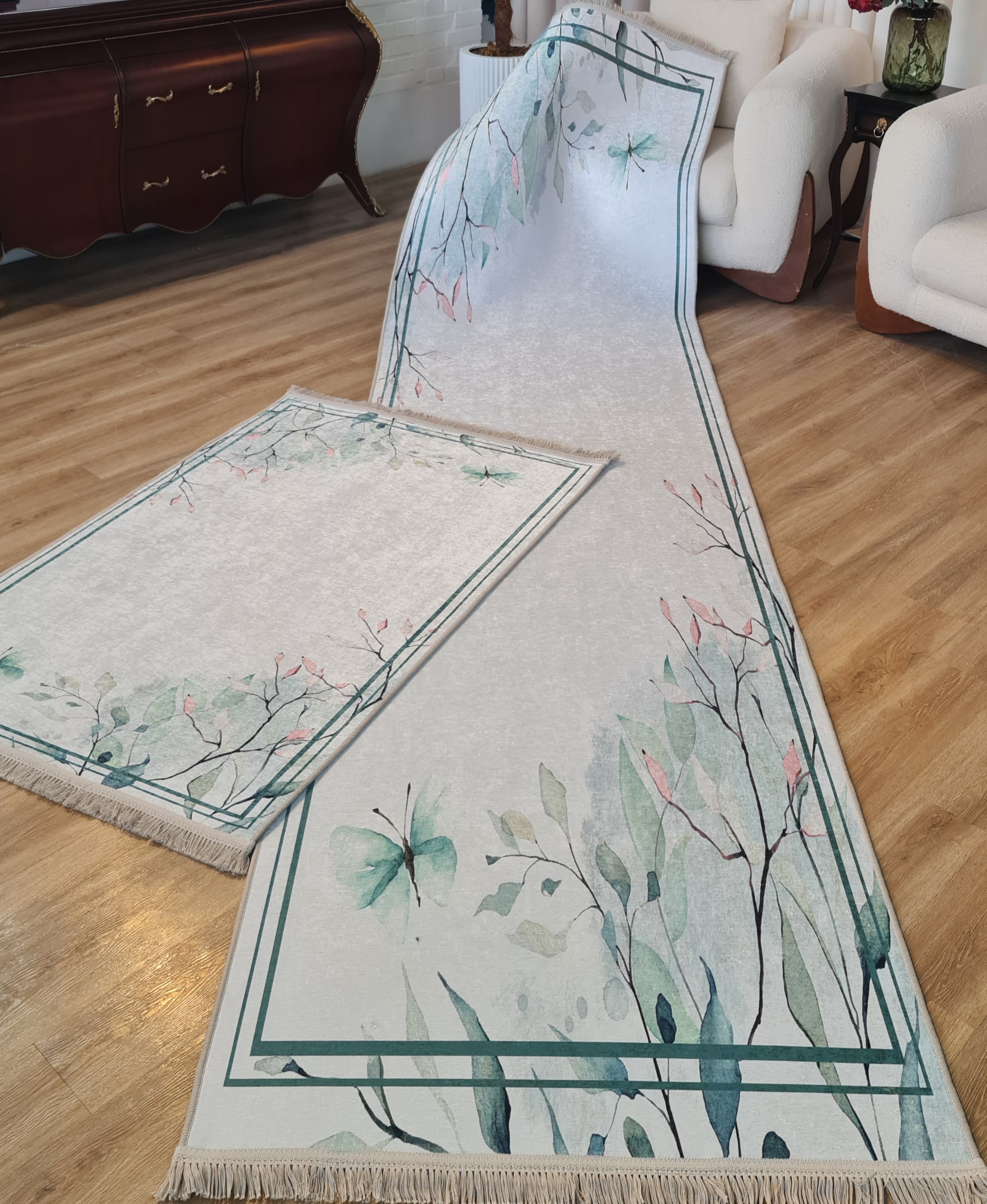 ست پادری و کناره مدرن طرح برگ و پروانه آبرنگی - مدل بهار،کد R 155