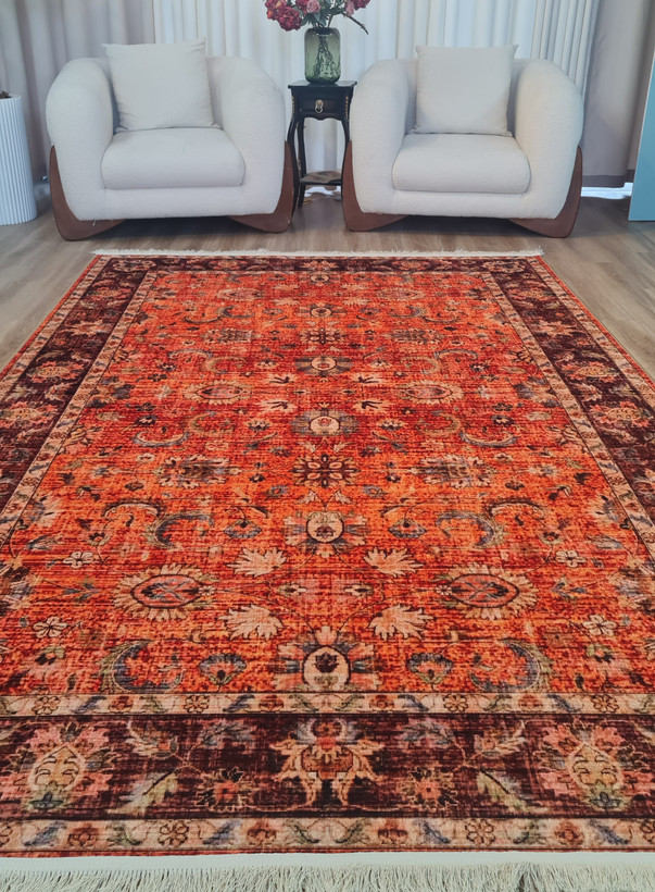 فرشینه سنتی وینتیج طرح افشان نارنجی عنابی،کد M 190