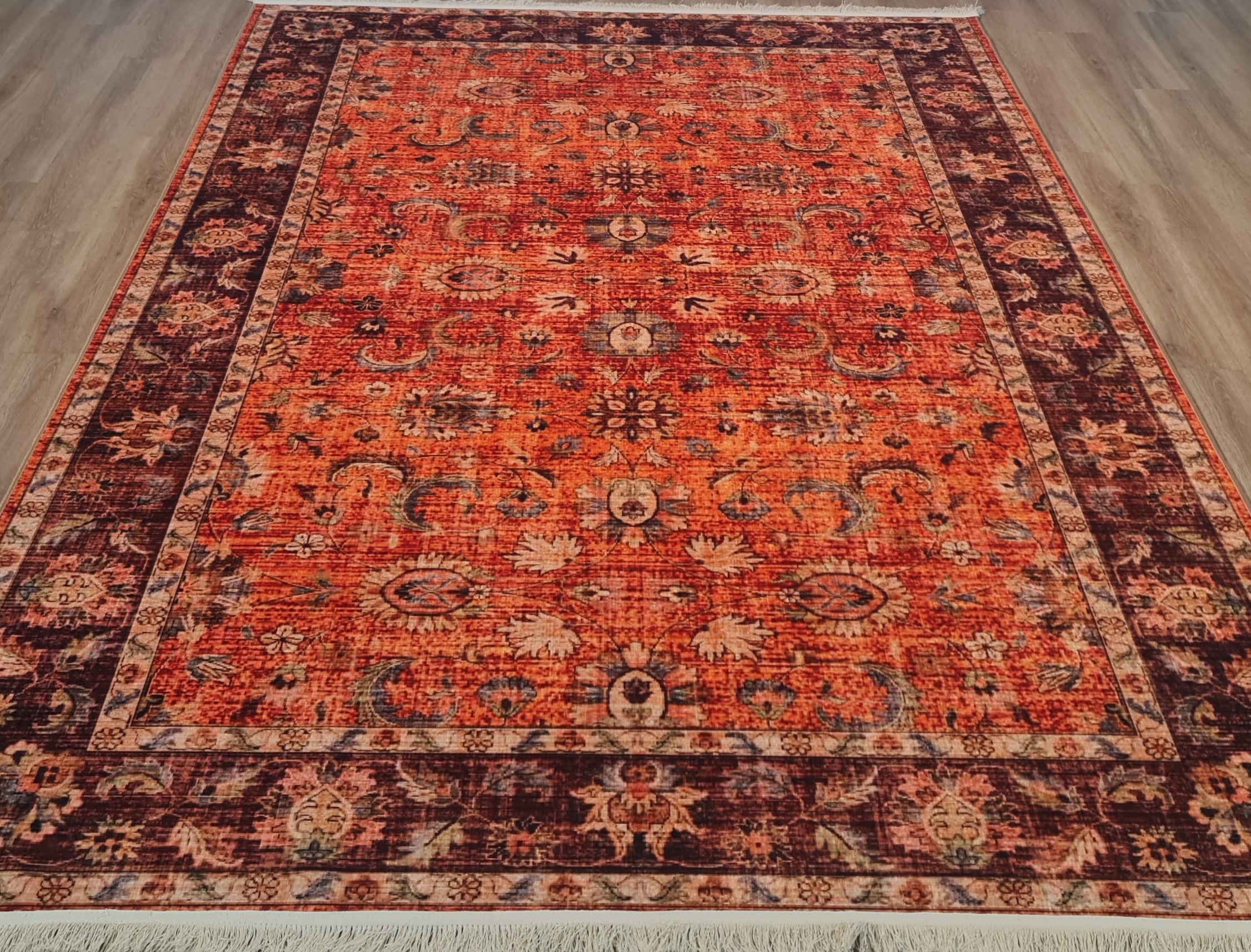 فرشینه سنتی وینتیج طرح افشان نارنجی عنابی،کد M 190
