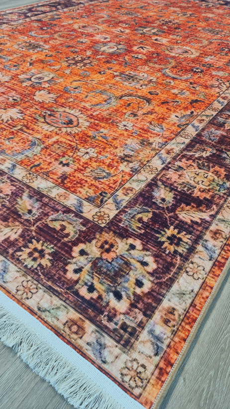 فرشینه سنتی وینتیج طرح افشان نارنجی عنابی،کد M 190