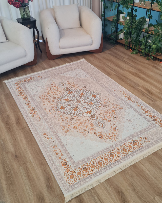فرشینه وینتیج طرح ترنج هندسی کرم آجری مدل جانا،کد L 762