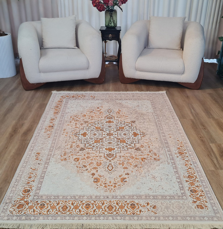 فرشینه وینتیج طرح ترنج هندسی کرم آجری مدل جانا،کد L 762