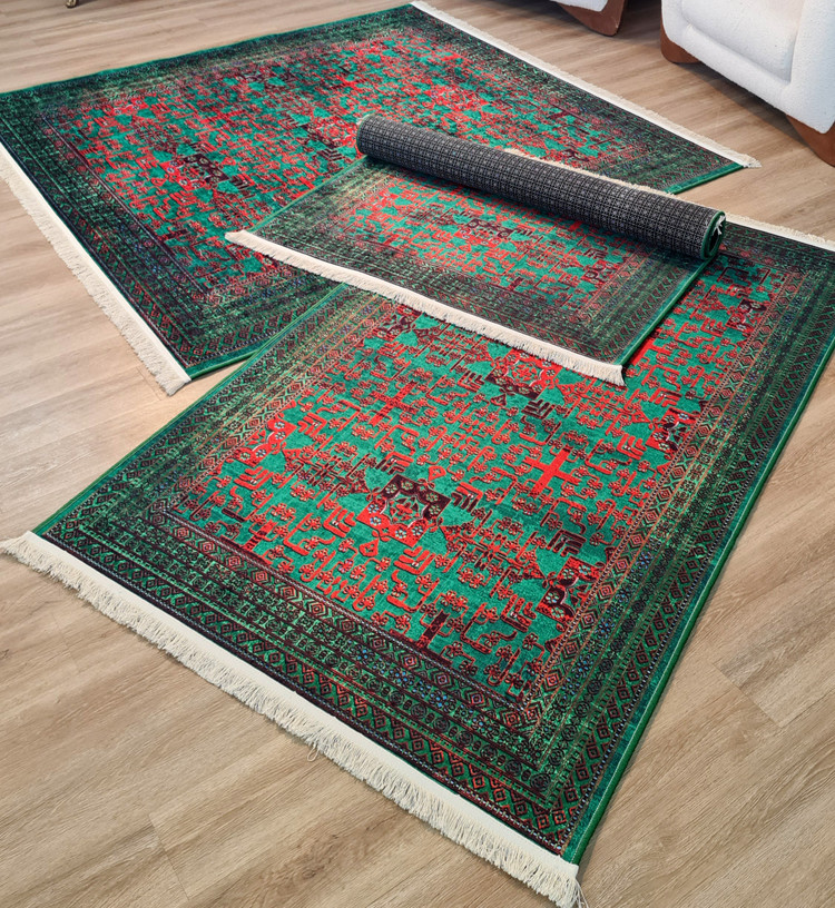 فرشینه طرح گبه سبز زمردی و قرمز مدل سرور،کد L 238
