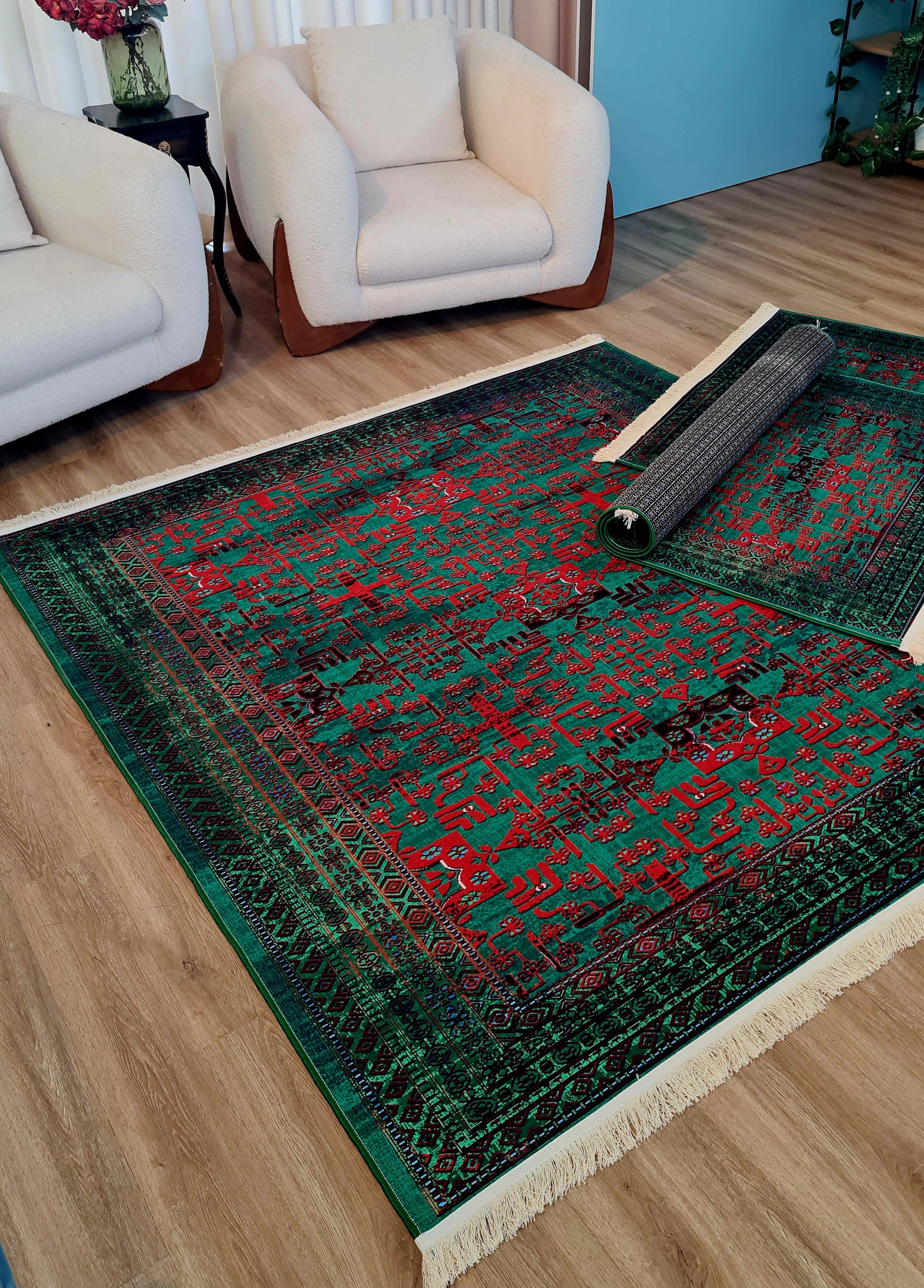 فرشینه طرح گبه سبز زمردی و قرمز مدل سرور،کد L 238
