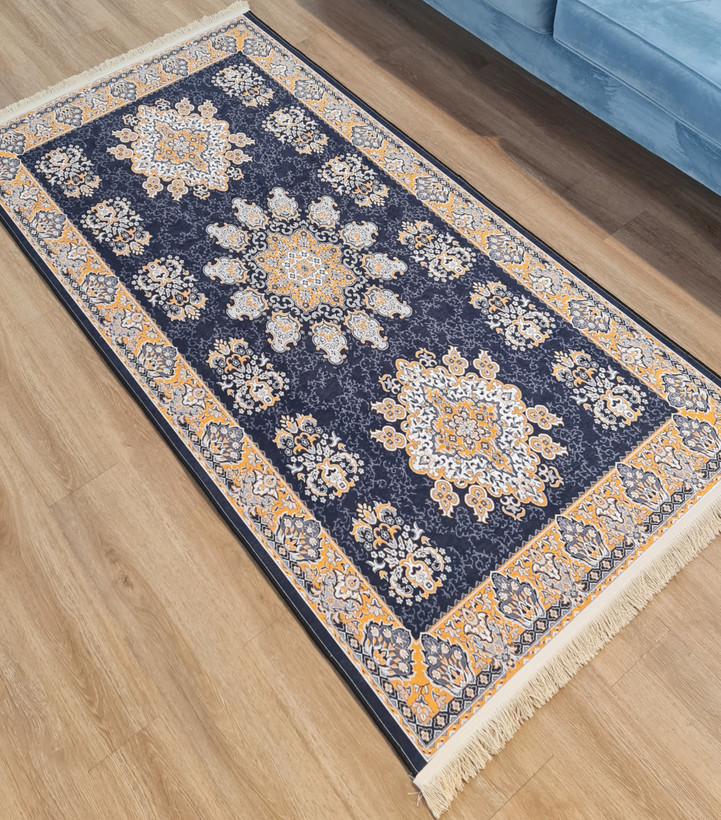 فرشینه راهرویی طرح کلاسیک سه ترنج سرمهای طلایی،کد U 583
