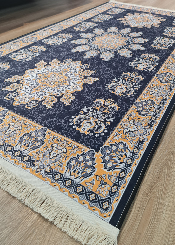 فرشینه راهرویی طرح کلاسیک سه ترنج سرمهای طلایی،کد U 583