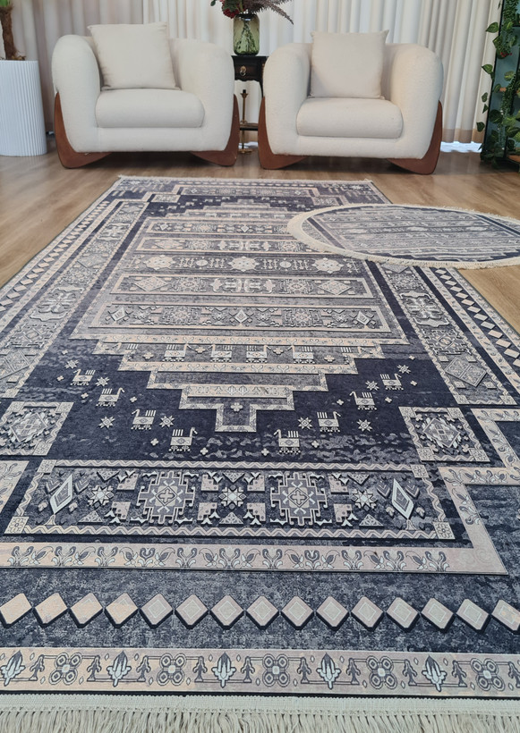 ست فرشینه طرح هندسی عشایری، سرمهای و کرم،کد L 818