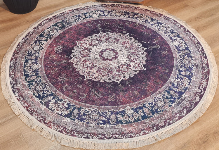 فرشینه گرد سنتی طرح ترنج، زرشکی سرمهای،کد D 201