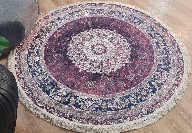 فرشینه گرد سنتی طرح ترنج، زرشکی سرمهای،کد D 201