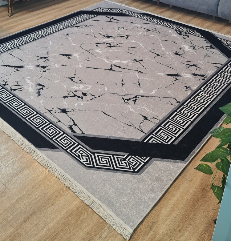 فرشینه مدرن طرح سنگ مرمر (ماربل) ورساچه طوسی مشکی،کد D 04