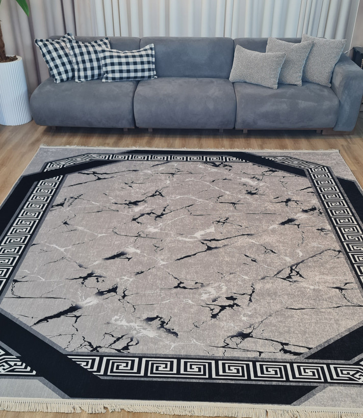 فرشینه مدرن طرح سنگ مرمر (ماربل) ورساچه طوسی مشکی،کد D 04