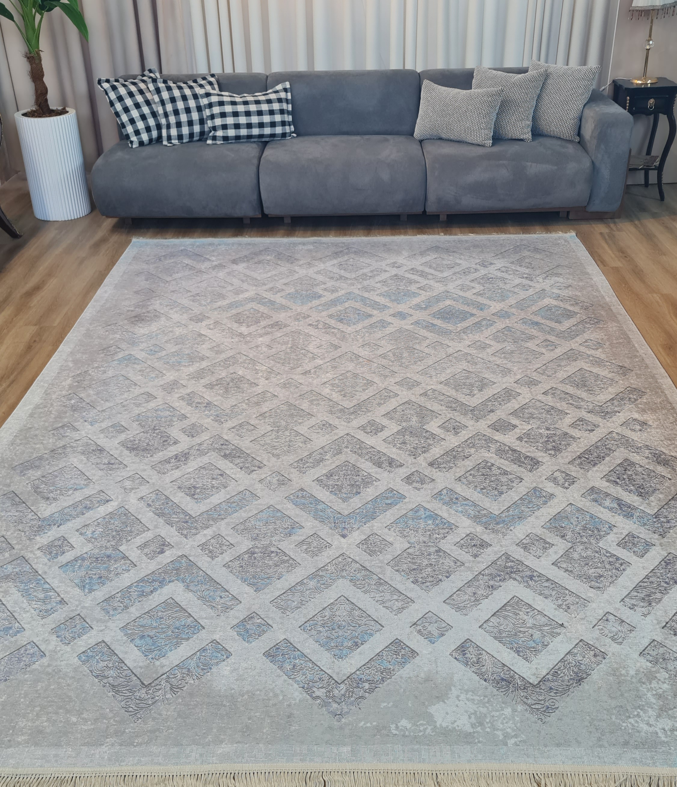 فرشینه مدرن طرح هندسی لوزی طوسی آبی،کد L 734