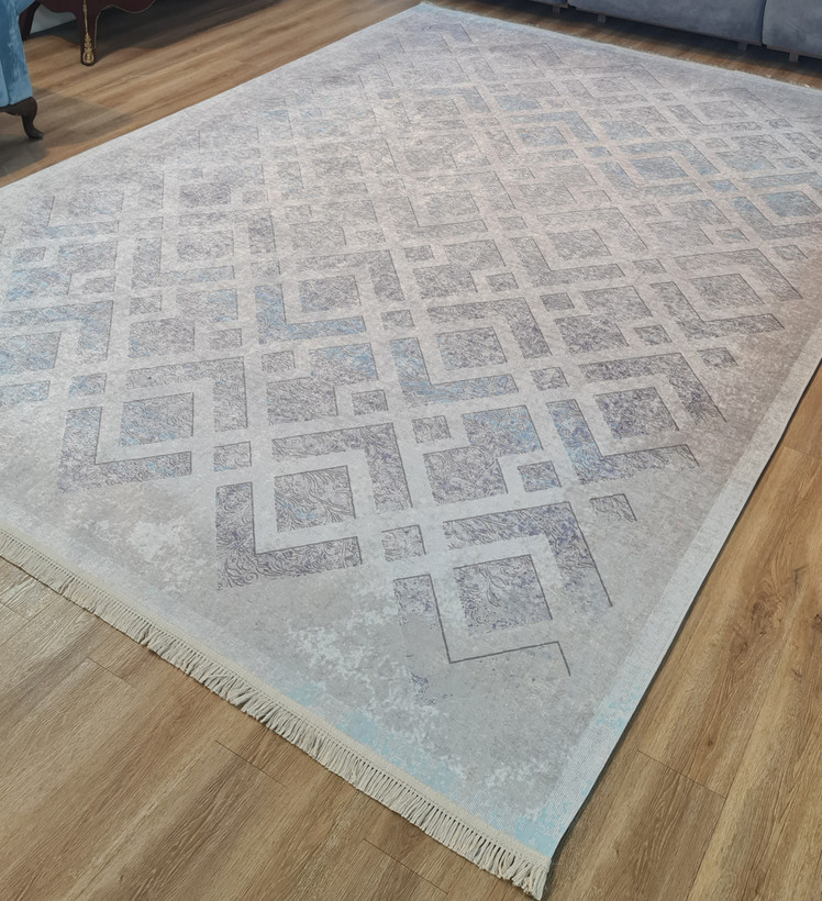 فرشینه مدرن طرح هندسی لوزی طوسی آبی،کد L 734