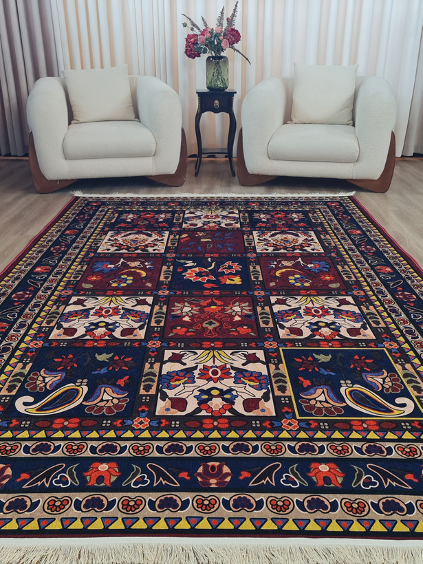 فرشینه سنتی عشایری طرح خشتی سرمهای زرشکی،کد A 140