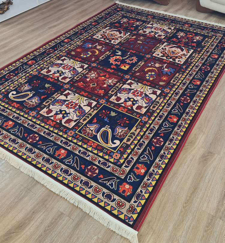 فرشینه سنتی عشایری طرح خشتی سرمهای زرشکی،کد A 140