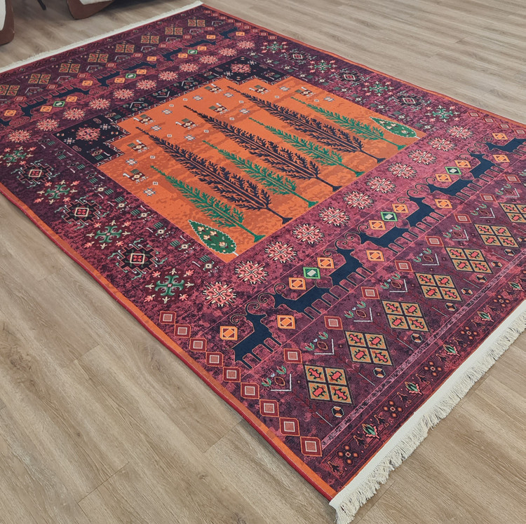 فرشینه سنتی عشایری، بنفش و نارنجی طرح سرو و گوزن،کد L 294