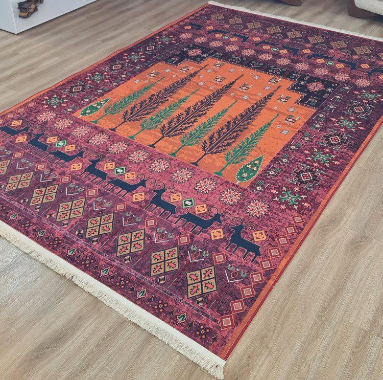 فرشینه سنتی عشایری، بنفش و نارنجی طرح سرو و گوزن،کد L 294