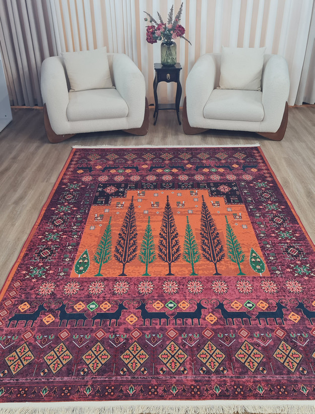 فرشینه سنتی عشایری، بنفش و نارنجی طرح سرو و گوزن،کد L 294