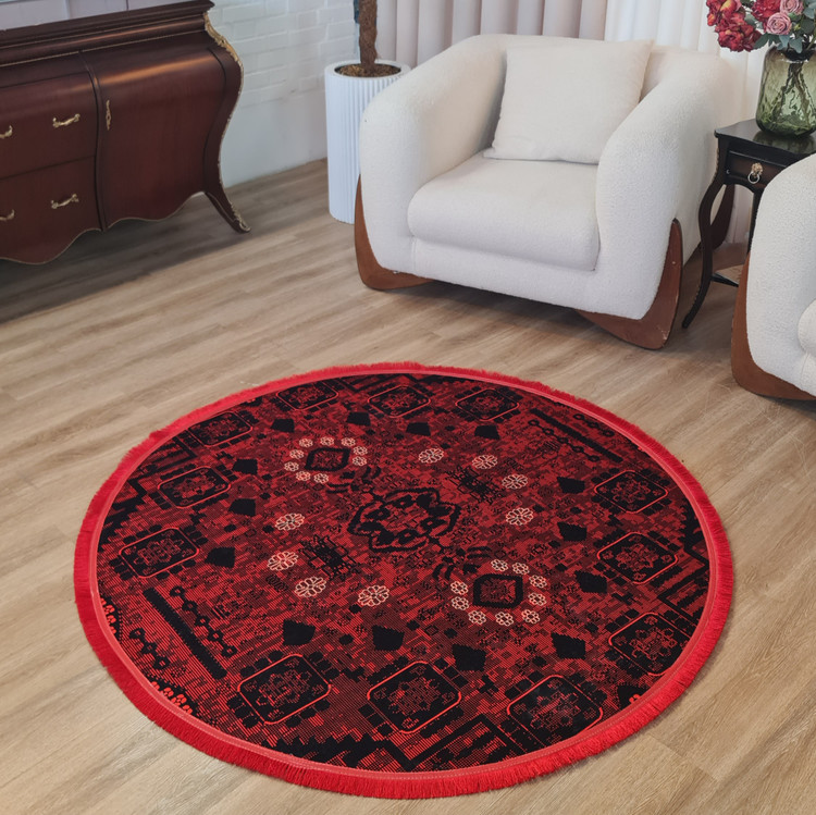 فرشینه گرد سنتی طرح بخارا قرمز مشکی، کد L 221
