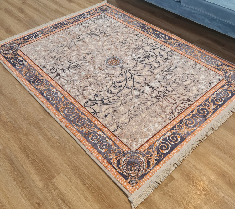 فرشینه سنتی کلاسیک طرح اسلیمی کرم زغالی،کد L 353