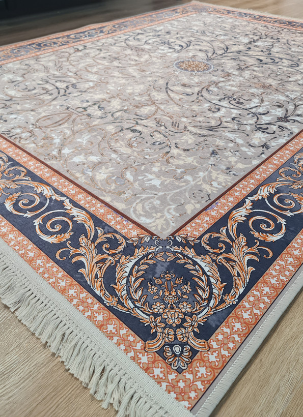 فرشینه سنتی کلاسیک طرح اسلیمی کرم زغالی،کد L 353