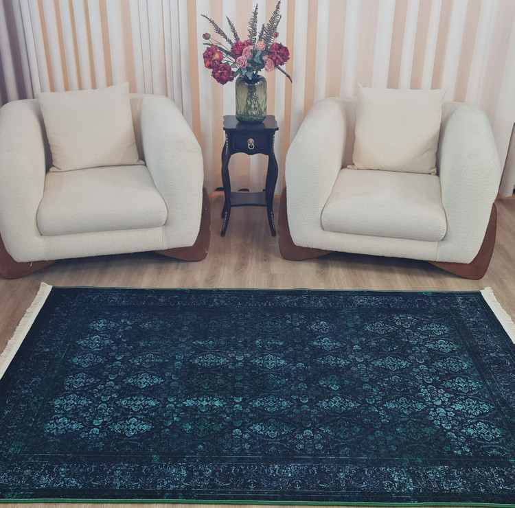 فرشینه کلاسیک طرح اسلیمی رنگ سرمهای و سبز تیره،کد L 476
