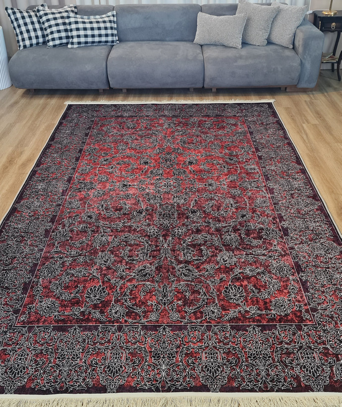 فرشینه مدرن طرح افشان و اسلیمی وینتیج رنگ قرمز لاکی، زرشکی و مشکی،کد L 348