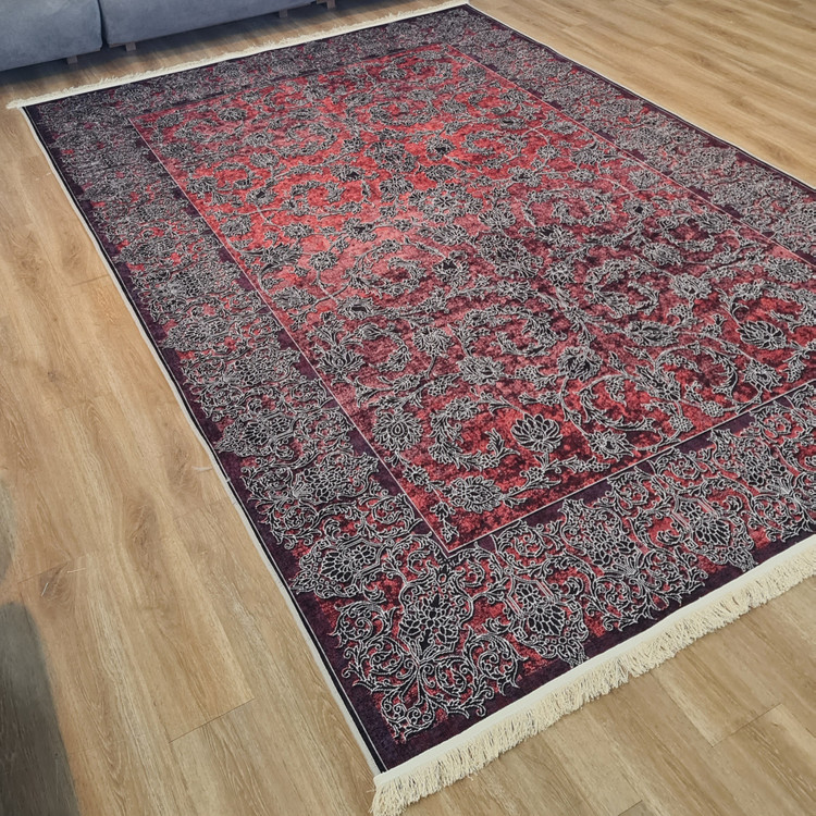فرشینه مدرن طرح افشان و اسلیمی وینتیج رنگ قرمز لاکی، زرشکی و مشکی،کد L 348